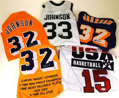 Lot of Five (5) Different Magic Johnson Autographed Basketball Jerseys
